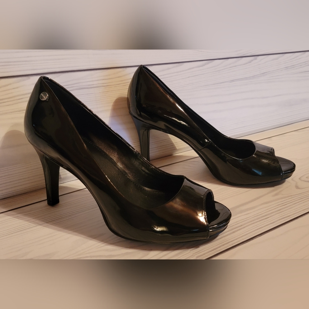 Calvin Klein open toe black high heel shoes pumps size 7M Kady
